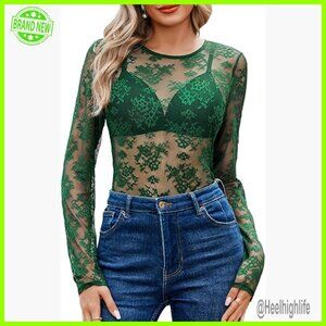 Long Sleeve Sheer Lace Top Crew Neck Mesh Blouse Floral See Through
